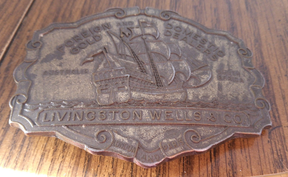 Livingston Wells & Co Vintage Brass Belt Buckle Gold Dealers Shipping 4 x 3